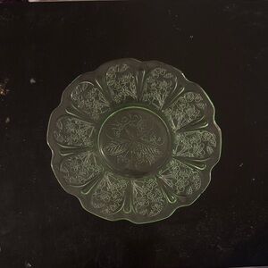 Vintage Green Glass Plate with Floral Design